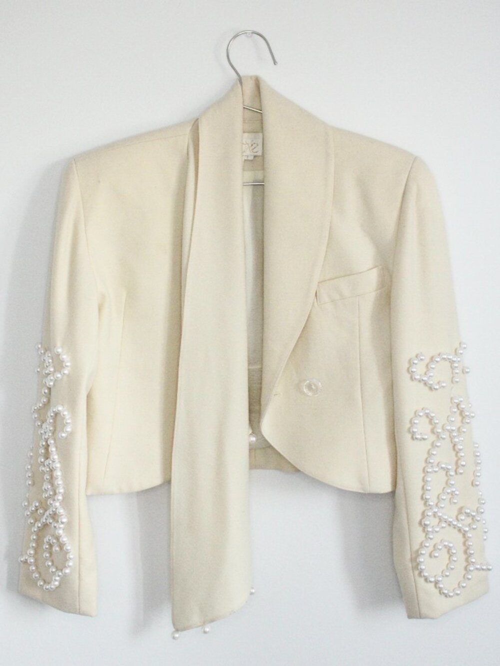 Cache Vintage Crop Blazer Womens SML Sz 1 Cream Wool Pearl Embroidered Coquette